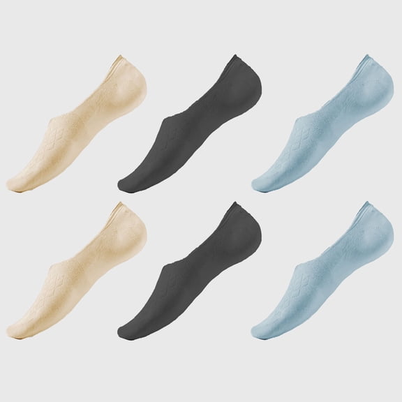 Women's Solid No Show Socks Non Slip Cotton 6Pk- Beige Black Blue