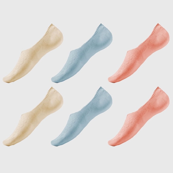 Women's Solid No Show Socks Non Slip Cotton 6Pk- Beige Blue Pink