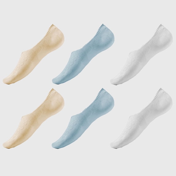 Women's Solid No Show Socks Non Slip Cotton 6Pk- Beige Blue White