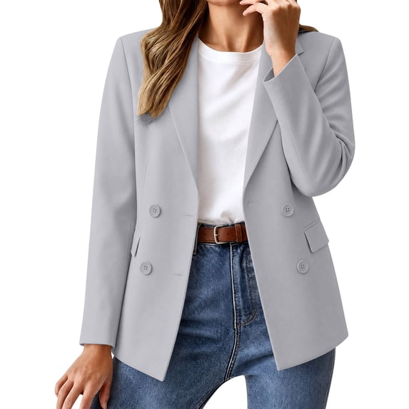 Women's Solid Open Front Blazer Jacket Long Sleeve Lapel Collar Button Work Suit Coat with Pockets for office Business Casual Wear Gray