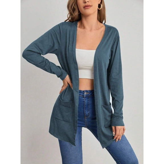 Women's Solid Open Front Coat, Long Sleeve Casual Fall Winter Outerwear