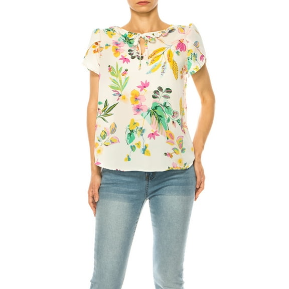 Women's Solid Overlapping Short Sleeve Top with Front Keyhole and Ruffle Accent