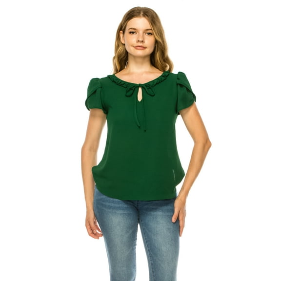 Women's Solid Overlapping Short Sleeve Top with Front Keyhole and Ruffle Accent