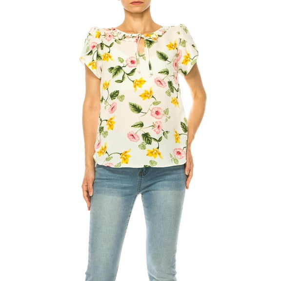 Women's Solid Overlapping Short Sleeve Top with Front Keyhole and Ruffle Accent