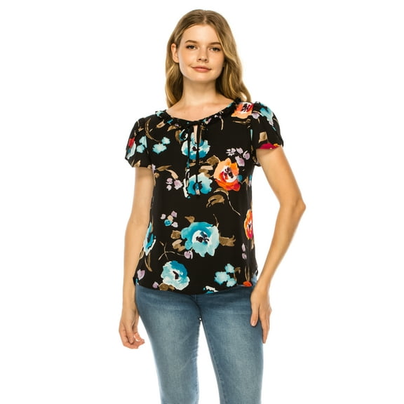 Women's Solid Overlapping Short Sleeve Top with Front Keyhole and Ruffle Accent