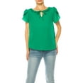 thumbnail image 1 of Women's Solid Overlapping Short Sleeve Top with Front Keyhole and Ruffle Accent, 1 of 5