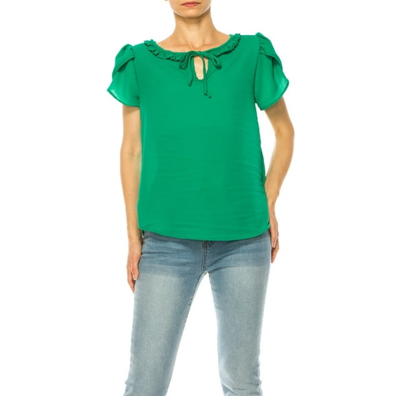 Women's Solid Overlapping Short Sleeve Top with Front Keyhole and Ruffle Accent