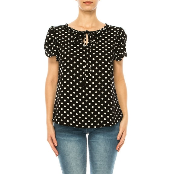 Women's Solid Overlapping Short Sleeve Top with Front Keyhole and Ruffle Accent