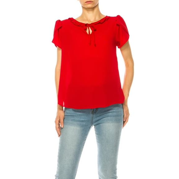Women's Solid Overlapping Short Sleeve Top with Front Keyhole and Ruffle Accent