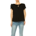thumbnail image 1 of Women's Solid Overlapping Short Sleeve Top with Front Keyhole and Ruffle Accent, 1 of 5