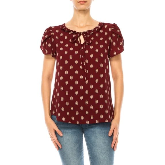Heo Clothing Solid Print Tie Neck Short Sleeve Blouse, Women's