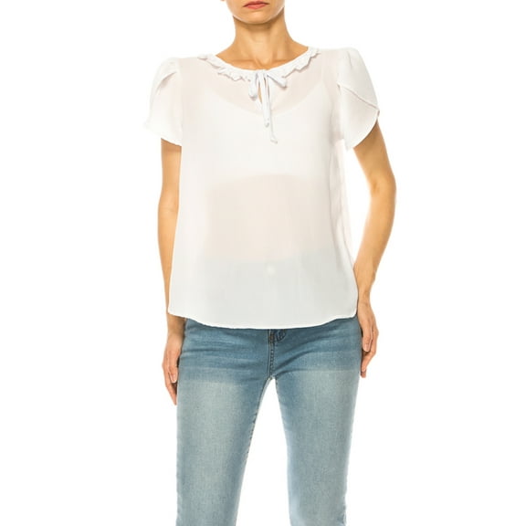 Women's Solid Overlapping Short Sleeve Top with Front Keyhole and Ruffle Accent