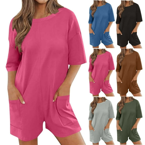 Women's Solid Oversized Athletic Tee Romper Back V Neck Half Short Sleeve Wearing Both Front And Back Workout Rompers Casual Shorts Jumpsuit With Pockets Summer Dresses for Women 2024