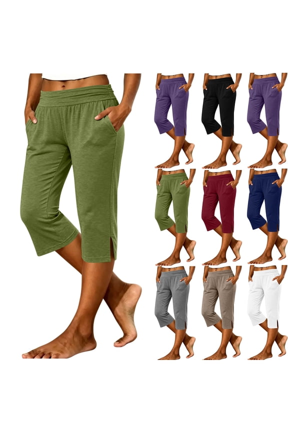 Women's Solid Pleated Casual Capris, Loose Fit Wide Leg Pants, Elastic Waist Soft Stretch Fabric, Comfy Tummy Control for Work Travel Summer, Mid Waist Everyday | TruHer,Army Green 2XL