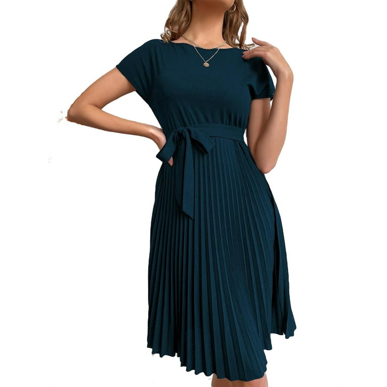Women's Solid Pleated Hem Short Sleeve Elegant Belted Midi Dress S(4)