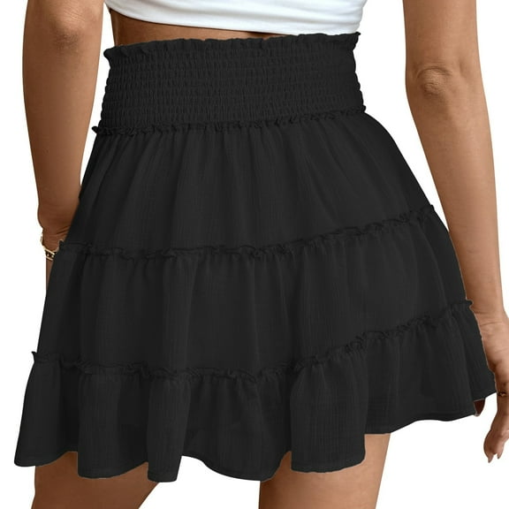 Women's Solid Pleated Ruffle Skirt - Elastic Waist, Chafing-Resistant, Casual/Vacation, Polyester Spandex - Pleated Design