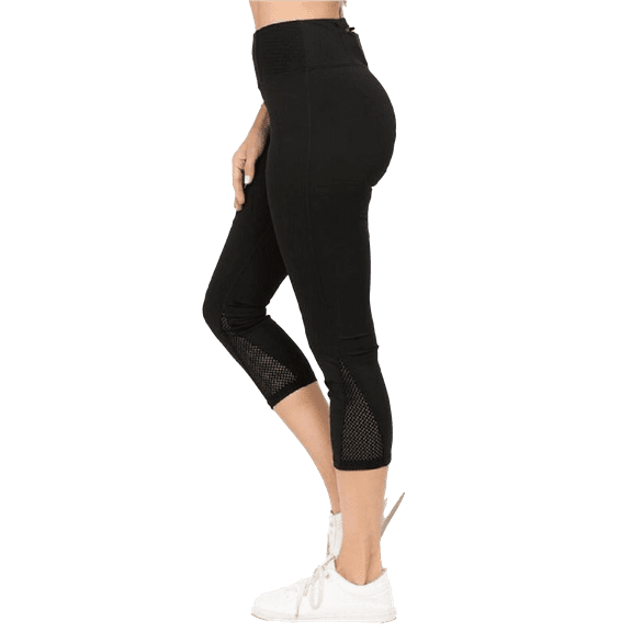 Women's Solid Pocket Activewear Leggings - Jersey Mesh Panel Capri , L