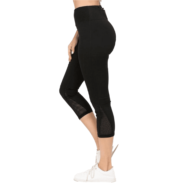 Women's Solid Pocket Activewear Leggings - Jersey Mesh Panel Capri , S