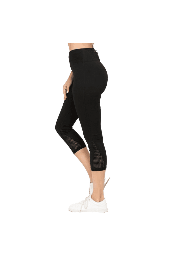 Women's Solid Pocket Activewear Leggings - Jersey Mesh Panel Capri , S