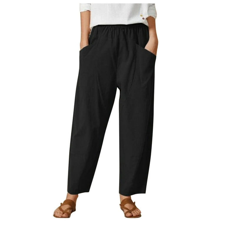 Women's Pants Solid Color Elastic Waist Cotton Linen Loose Casual Harem  Pants with Pockets