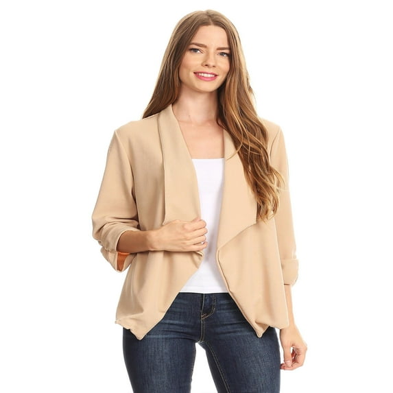 Women's Solid Print 34 Sleeve Open Front Casual Cardigan Blazer Jacket