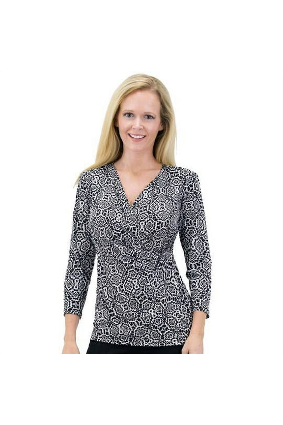 Women's Solid/Print V Neck 3/4 Sleeve Knit Front Drape Wrap Jersey Tops Side Shirring Blouse ( Black white prints)
