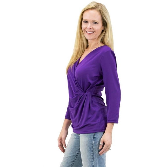 Women's Solid/Print V Neck 3/4 Sleeve Knit Front Drape Wrap Jersey Tops Side Shirring Blouse&nbsp;( Purple)