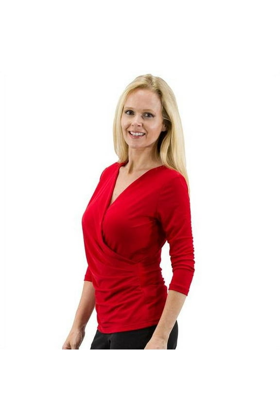 Women's Solid/Print V Neck 3/4 Sleeve Knit Front Drape Wrap Jersey Tops Side Shirring Blouse ( Watermelon)