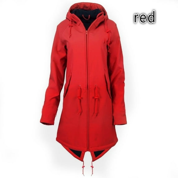 Women's Solid Rain Jacket Outdoor Hoodie Overcoat Windproof Long Coat for All Weather Protection, in Red, Size XXXL