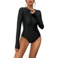 thumbnail image 1 of Women's Solid Rash Guard Long Sleeve Swimsuits Sunscreen Surfing Suit Bathing Black M, 1 of 8