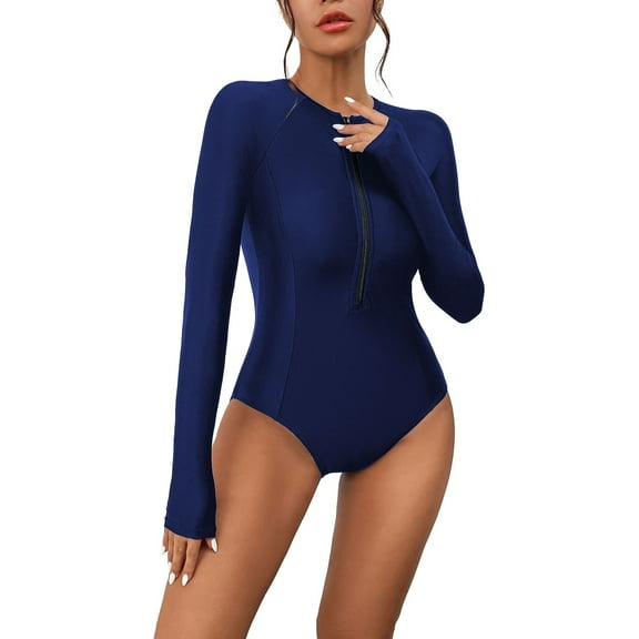Women's Solid Rash Guard Long Sleeve Swimsuits Sunscreen Surfing Suit Bathing Blue L