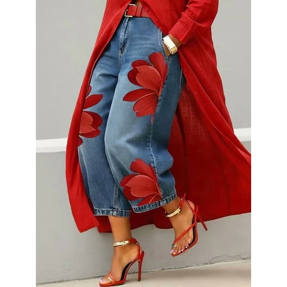 Women's Solid Red Washed Linen Open Front Long Tunic & Big Floral Print Cropped Denim Two-Piece Daily Outfit