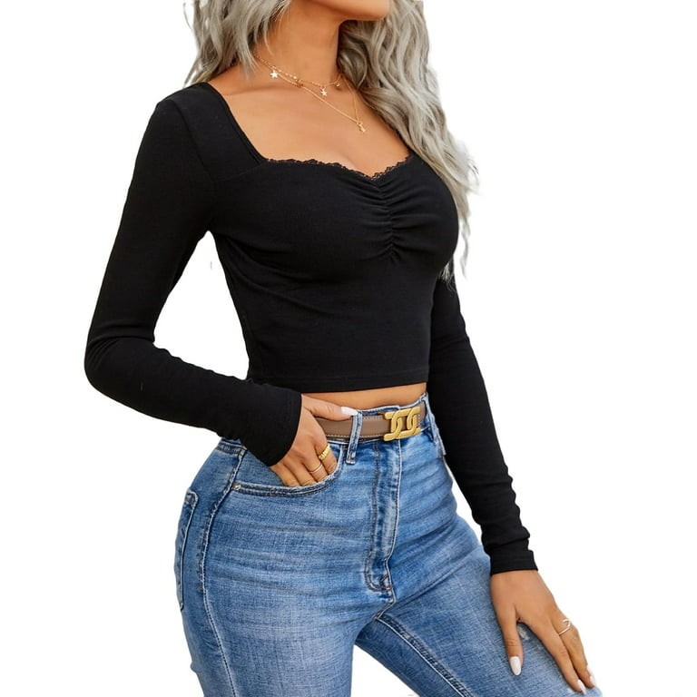 Women's Solid Rib Knit Lace Deco Neck Long Sleeve Fitted Crop Top T Shirt  XS(2) 