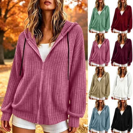 Hinvhai Women's Solid Rib‑Knit Zip‑Up Hooded Cardigan, Brushed Long‑Sleeve Knit Jacket for Winter Daily Shopping Walking Wear Hot Pink XL(XL)