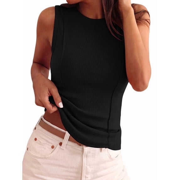 Women's Solid Ribbed Crew Neck Slimming Sleeveless Crop Tank Top Basic Daily Layering Vest Black S