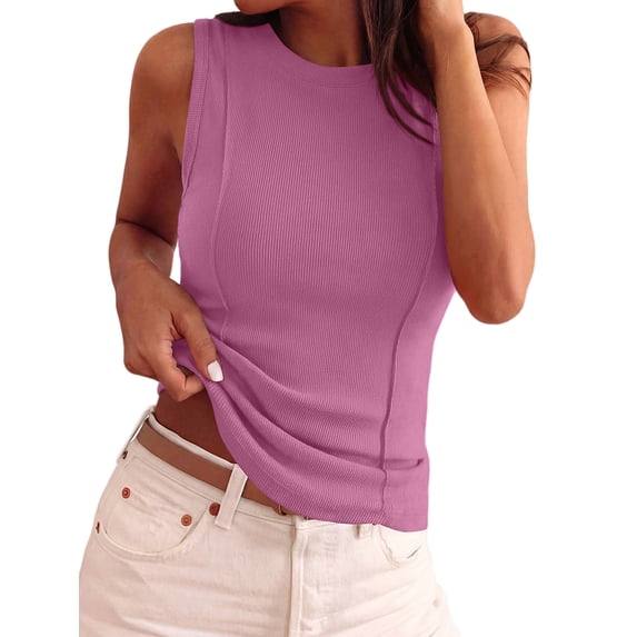 Women's Solid Ribbed Crew Neck Slimming Sleeveless Crop Tank Top Basic Daily Layering Vest Rose Red XXL
