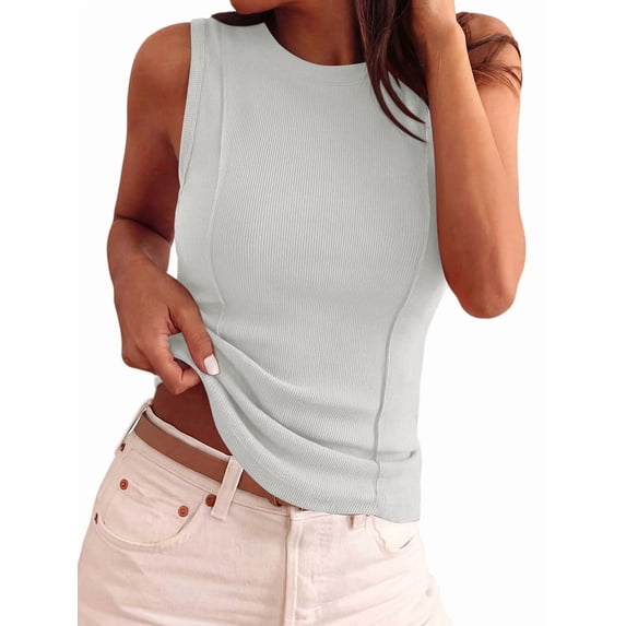 Women's Solid Ribbed Crew Neck Slimming Sleeveless Crop Tank Top Basic Daily Layering Vest White S