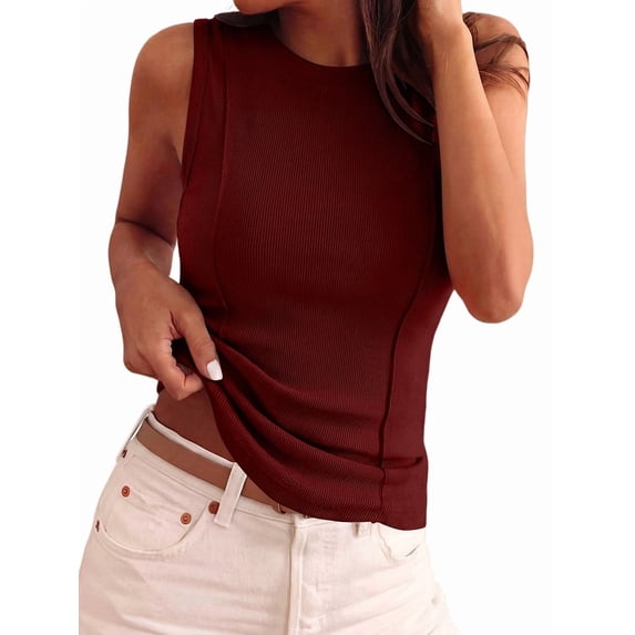 Women's Solid Ribbed Crew Neck Slimming Sleeveless Crop Tank Top Basic Daily Layering Vest Wine Red XL