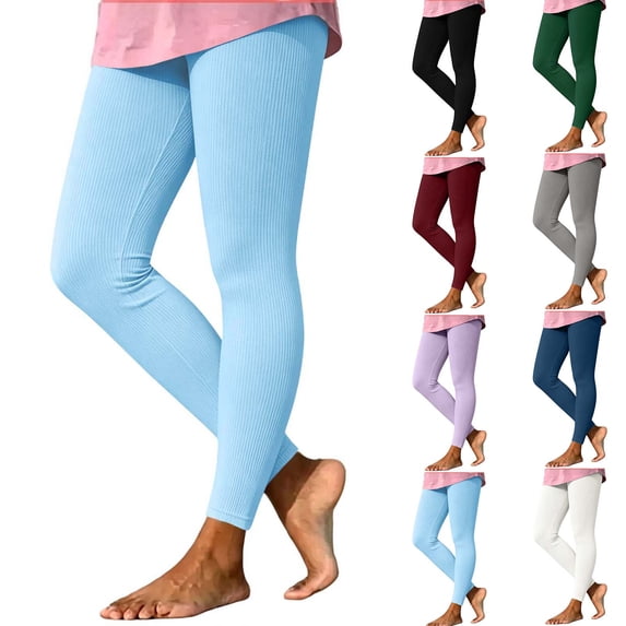 Women's Solid Ribbed High Waisted Leggings Stretchy Soft Yoga Pants Tummy Control Workout Tights Casual Skinny Gym Running Trousers White