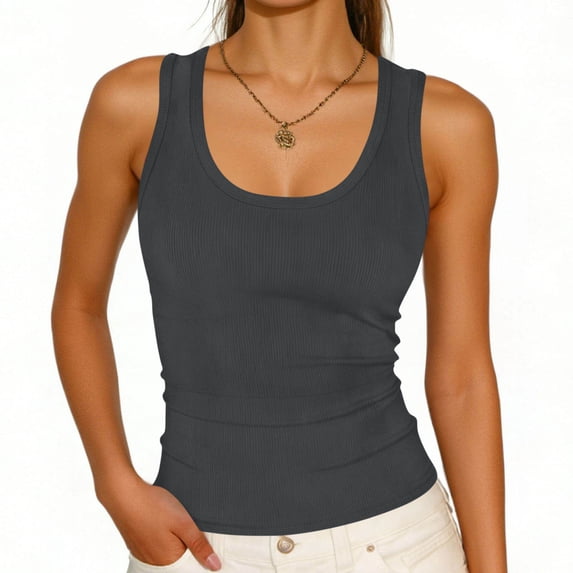 Women's Solid Ribbed Tank Top - Round Neck Fitted Sleeveless Cami Shirt