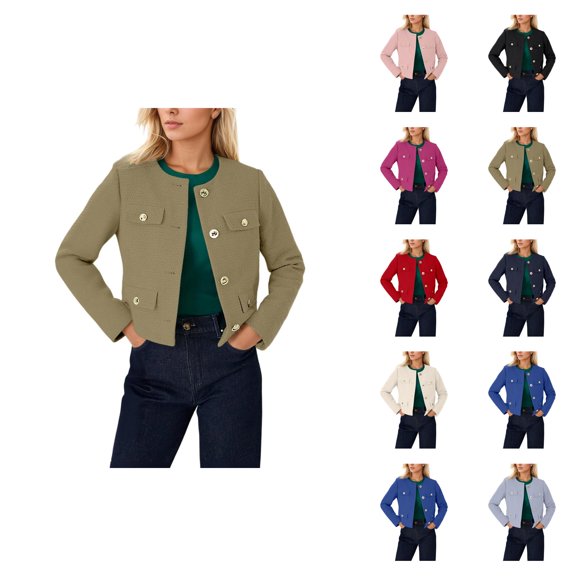 Long Sleeve Open Front Women's Cardigan Casual Fall Outfits Cardigans Women's Solid Round Neck Button Trim Cropped – Versatile To Weekend Jacket