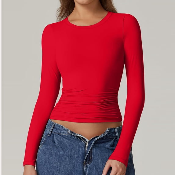 Women's Solid Round Neck Long Sleeve Pullover T-Shirt Blouse