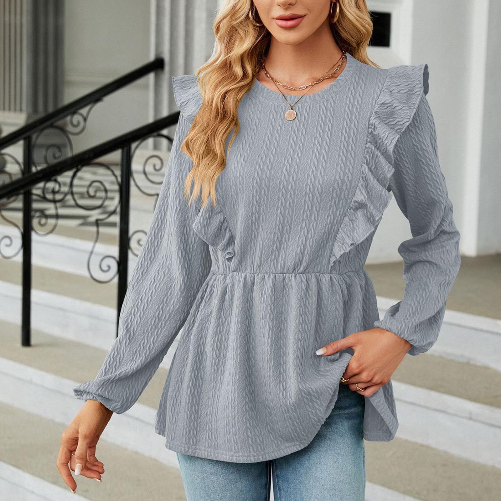 Neck Rufle Women's Solid Round Neck Ruffle Waist Long Sleeve Loose Top,Gray,XXL ...