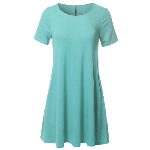 Women's Solid Round Neck Short Sleeves Dress with Side Pocket