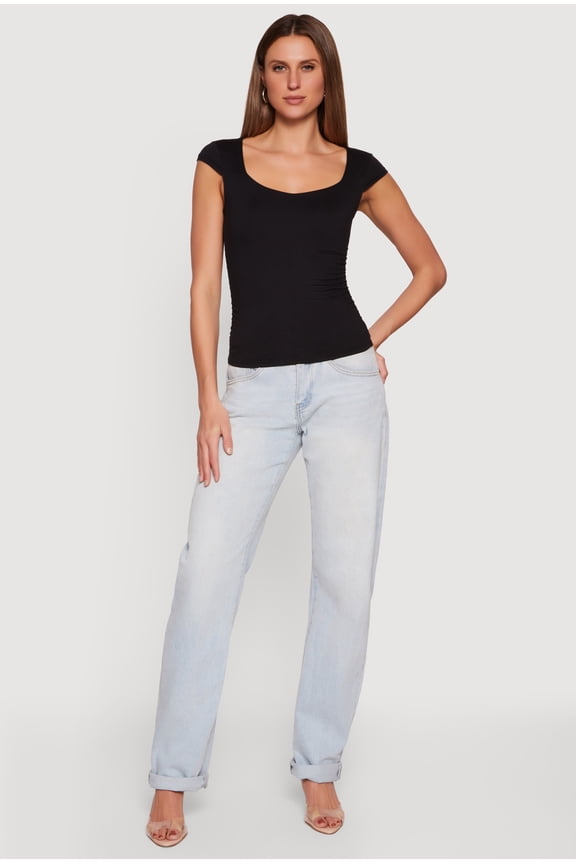 Women's Solid Ruched Side Cap Sleeve Top