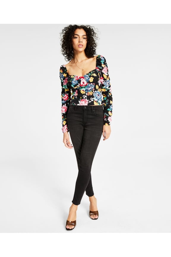 Women's Solid Ruched-Sleeve Cropped Bustier Top Back Rose Floral S