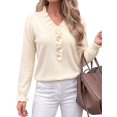 thumbnail image 1 of Women's Solid Ruffled V Neck Button Long Sleeve Knit Sweater Color S, 1 of 10