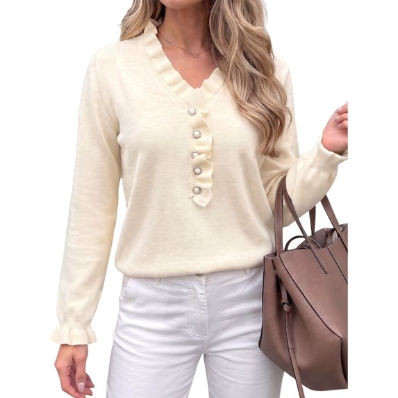 Women's Solid Ruffled V Neck Button Long Sleeve Knit Sweater Color S