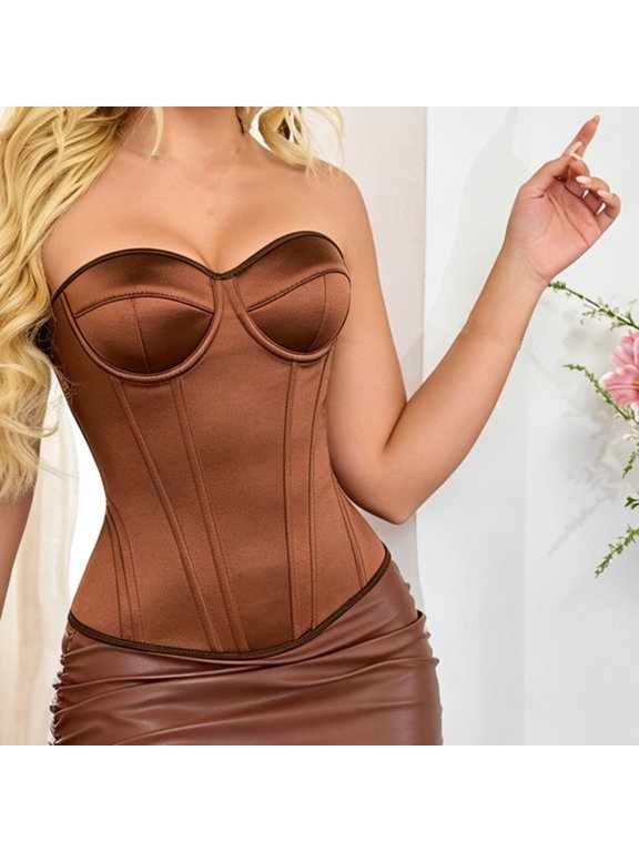 Women's Solid Satin Corset Bustier Strapless Padded Cup Fishbone Slim Hourglass Evening Party Tops Coffee XS
