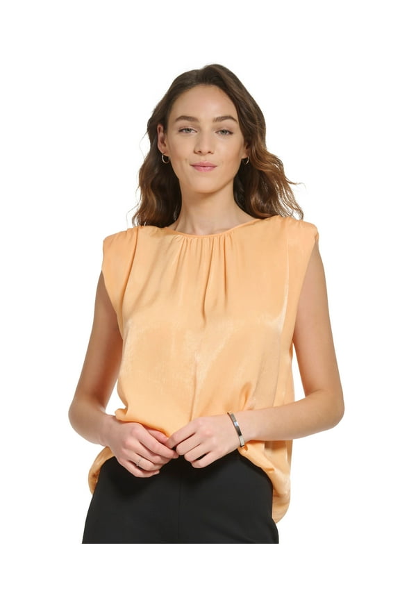 Women's Solid Satin Crewneck Shoulder-Pad Top Canteloupe L
